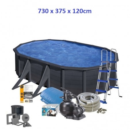 Gre Fémpalástos Medence Szett 730 x 375 x 120 cm - Ovális, Sötétszürke